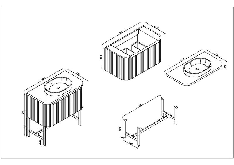Scudo Linea Fluted 900 Vanity Matt Black Basin And Frame 890x475x450mm Linea-900-BLACK + LINEA-900-BASIN + LINEA-900-LEG