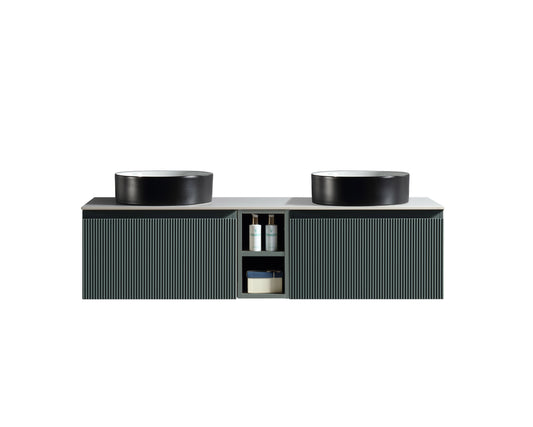 Flauto Smoked Sage Wall Hung Vanity with 2 Storage Sintered Stone Counter Top 1400mm