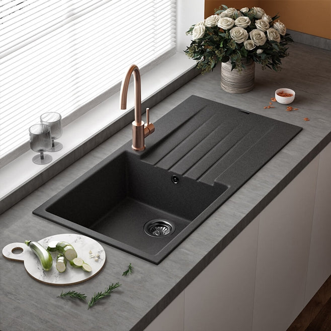 Reginox Harlem 1 Bowl Granite Black Silvery Composite Kitchen Sink & Waste Kit - 1000 x 500mm