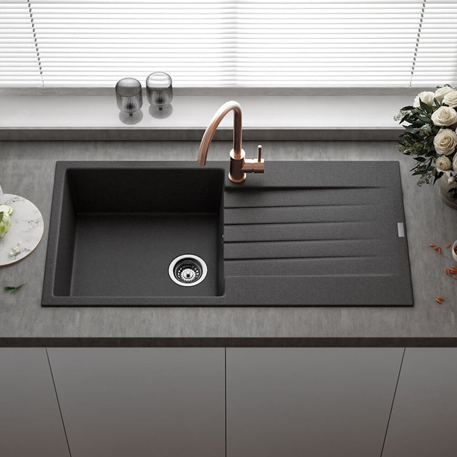 Reginox Harlem 1 Bowl Granite Black Silvery Composite Kitchen Sink & Waste Kit - 1000 x 500mm