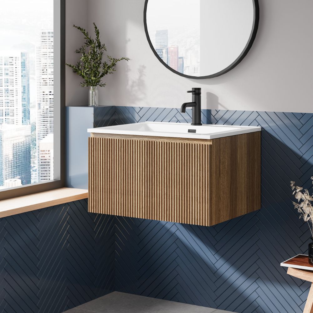 Flauto 600mm Country Oak Fluted Wall Hung Vanity Unit Basin CERKINI SUPPLIES