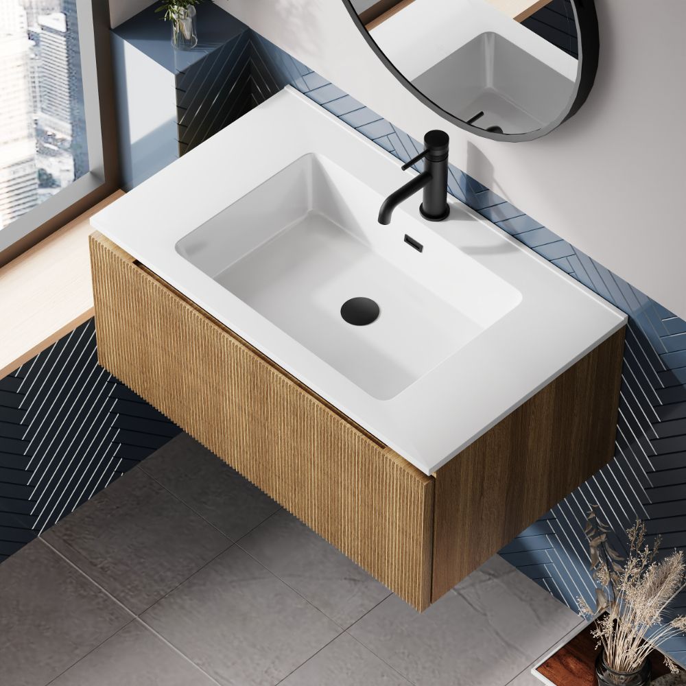 Flauto 800mm Country Oak Fluted Wall Hung Vanity Unit & Basin