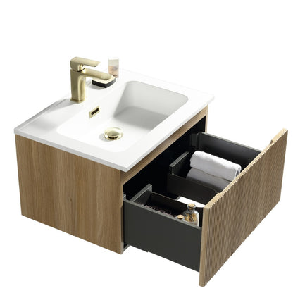 Flauto 600mm Country Oak Fluted Wall Hung Vanity Unit & Basin