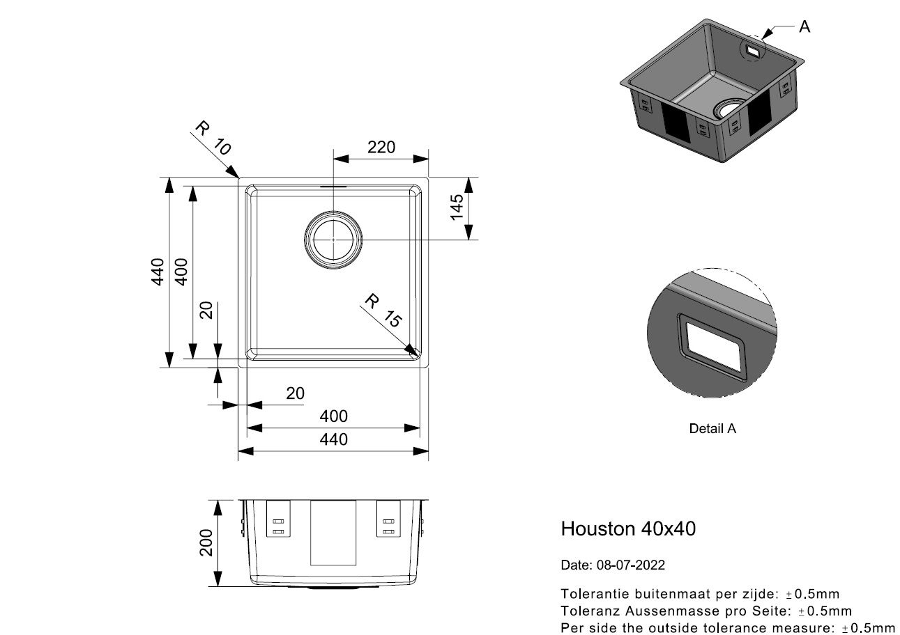 Reginox Houston 40x40 1.0 Bowl Stainless Steel Kitchen Sink