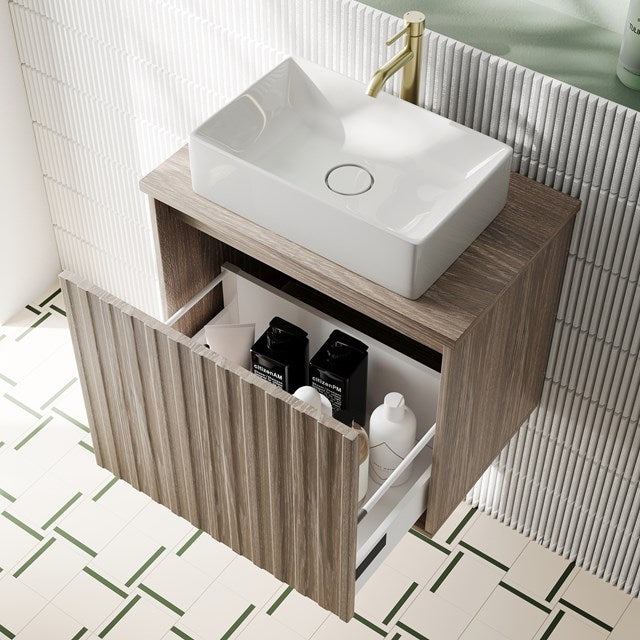 Scudo Alfie 600mm Sonoma Oak Wall Hung Vanity Unit with Countertop Basin