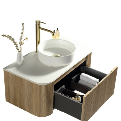 Astini Flauto Country Oak 870mm Curved Corner Wall Hung Vanity Unit & Sintered Stone Counter Top