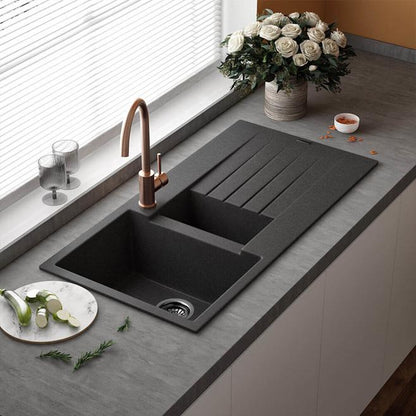 Reginox Harlem 1.5 Bowl Black Silvery Granite Composite Sink & Waste Kit and Reginox Nera Single Lever Kitchen Mixer Tap - Matt Black