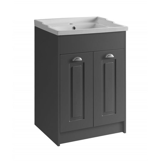 Prestige Astley Traditional Floor Standing 2 Door Vanity Unit and Ceramic Basin 600mm - Matt Grey - Matt White