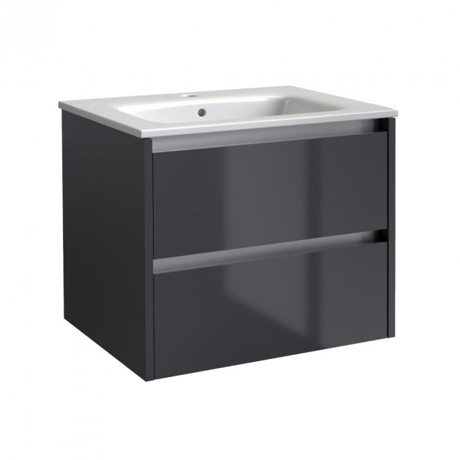 City 600mm Storm Grey Gloss 2 Drawer Wall Mounted Vanity Unit & Ceramic Basin in 2 Variants