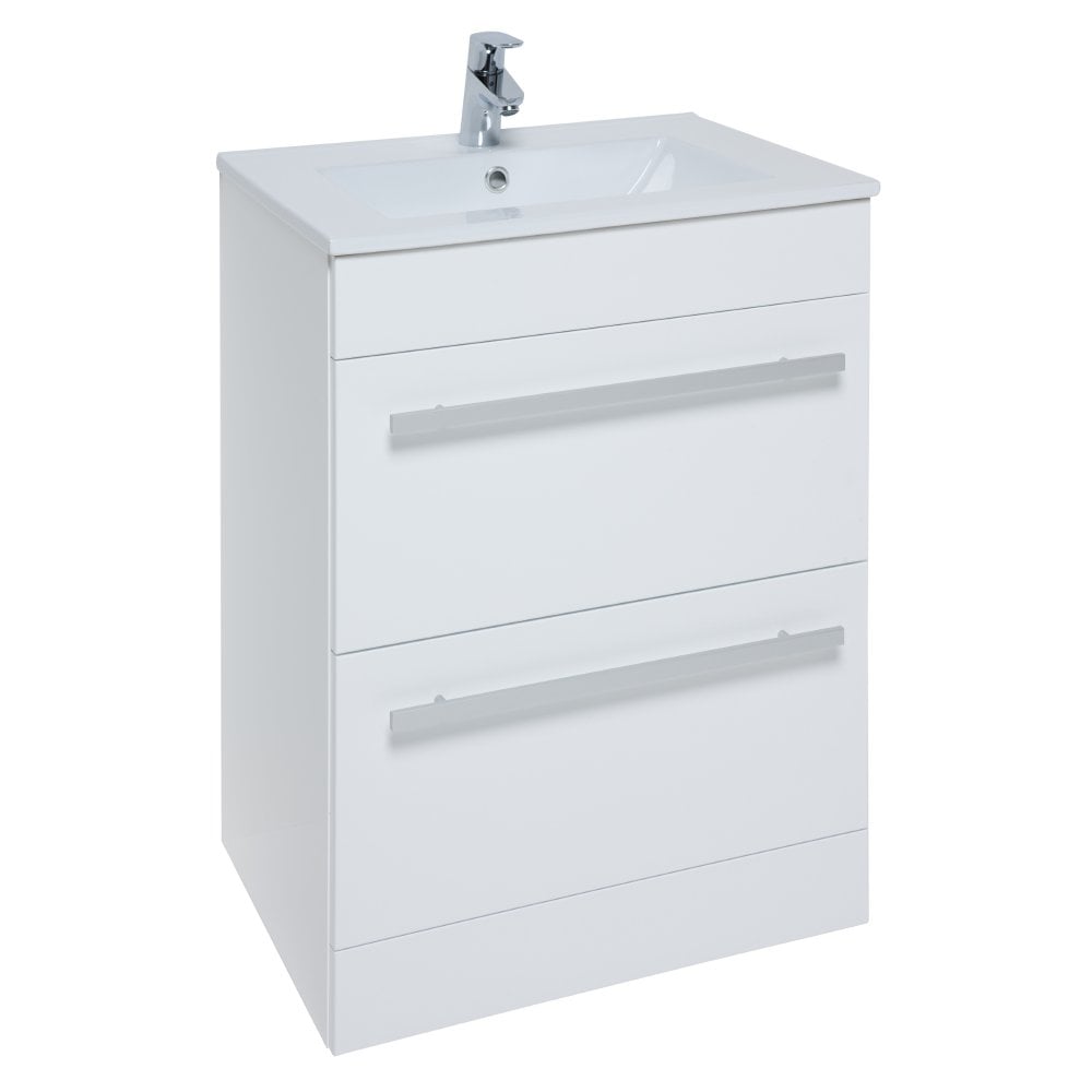 Purity 600mm White Gloss 2 Drawer Floor Standing Unit & Ceramic Basin With Handles In 3 Variants