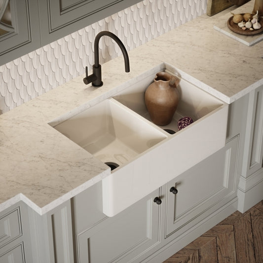 Reginox Dublin 2 Bowl Ceramic Belfast Style Sink - Pure White - DUBLIN